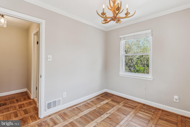 829 S Ivy St, Arlington, VA 22204 - spare room featuring baseboards, crown molding, a chandelier, and visible vents
