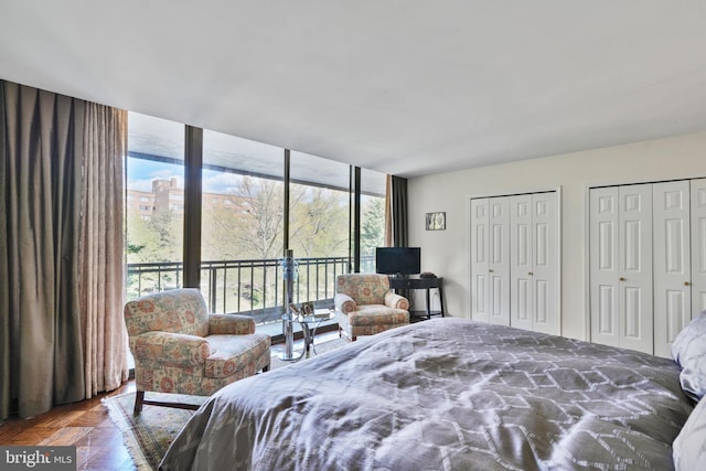 4200 Massachusetts Ave NW Unit 106, Washington, DC 20016 - bedroom featuring a wall of windows, multiple windows, multiple closets, and access to outside