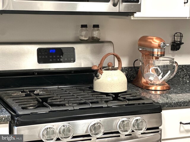 details featuring stainless steel gas range and dark countertops