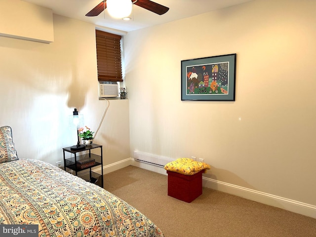 bedroom with recessed lighting, a ceiling fan, carpet floors, cooling unit, and baseboards