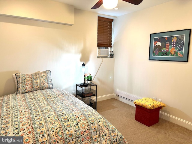 bedroom with cooling unit, ceiling fan, carpet flooring, and baseboards