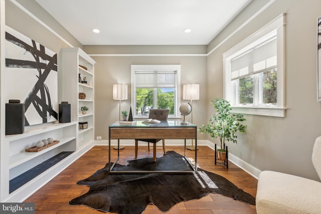 home office with a healthy amount of sunlight, baseboards, recessed lighting, and dark wood-type flooring