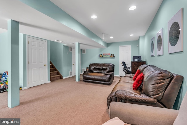 carpeted living room featuring recessed lighting, baseboards, stairs, and visible vents