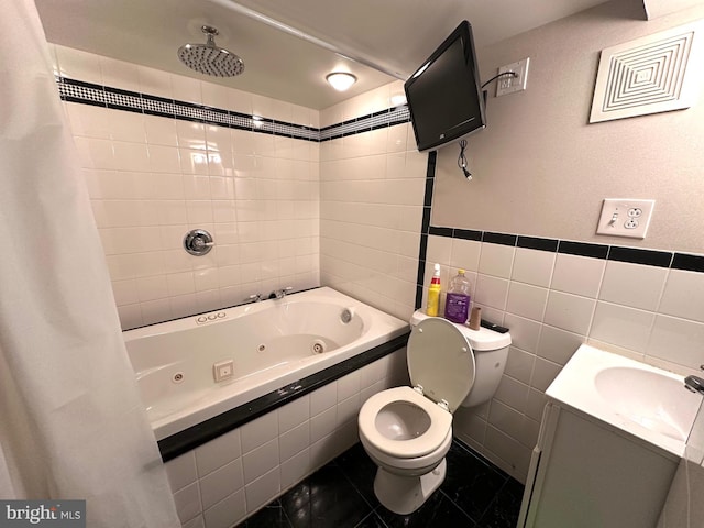 3525 Hartel Ave, Philadelphia, PA 19136 - full bathroom with tile walls, vanity, toilet, and a combined bath / shower with jetted tub