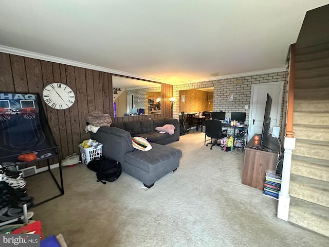 3525 Hartel Ave, Philadelphia, PA 19136 - carpeted living room with wooden walls, crown molding, and stairs