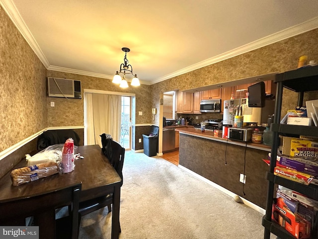 3525 Hartel Ave, Philadelphia, PA 19136 - kitchen with crown molding, wallpapered walls, an inviting chandelier, light carpet, and stainless steel appliances
