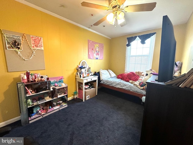 3525 Hartel Ave, Philadelphia, PA 19136 - bedroom with ceiling fan, dark carpet, and ornamental molding