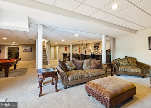 living room featuring recessed lighting, light carpet, billiards, and bar