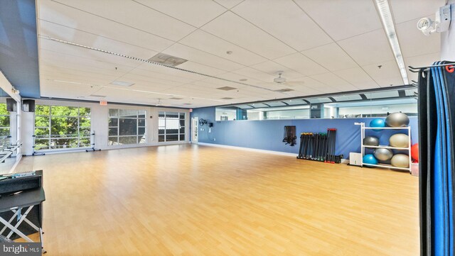 exercise area with baseboards, wood finished floors, and a wealth of natural light