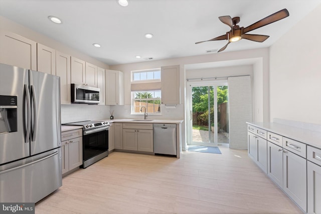kitchen with a ceiling fan, backsplash, appliances with stainless steel finishes, a sink, and light countertops