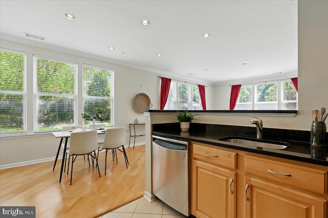 12000 Market St Unit 189, Reston, VA 20190 - kitchen featuring a sink, dark stone countertops, ornamental molding, visible vents, and dishwasher