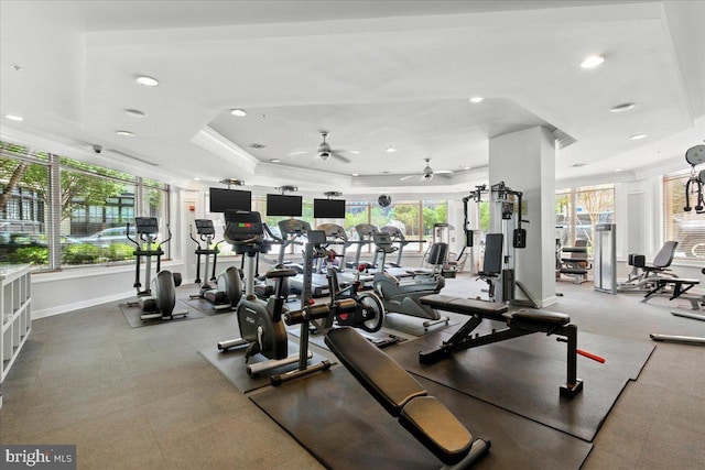 12000 Market St Unit 189, Reston, VA 20190 - workout area with a ceiling fan, recessed lighting, baseboards, ornamental molding, and a raised ceiling