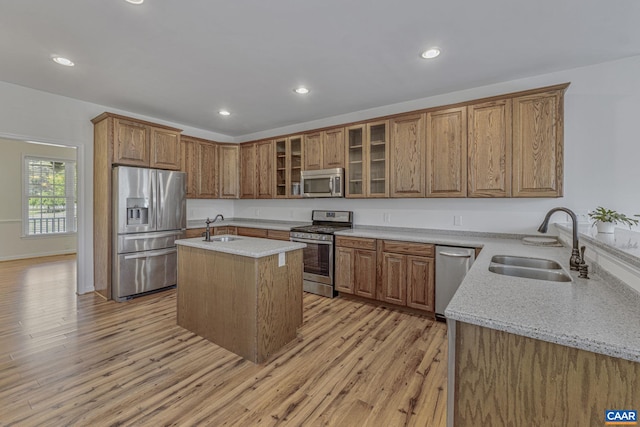 kitchen featuring light wood-style flooring, stainless steel appliances, and a sink