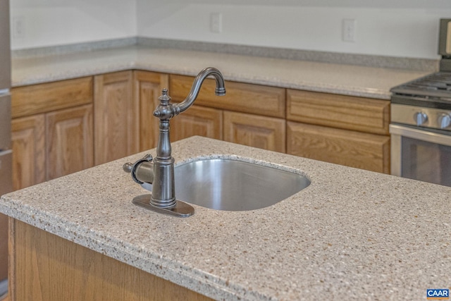 interior details featuring stainless steel range with gas cooktop, light stone counters, and a sink