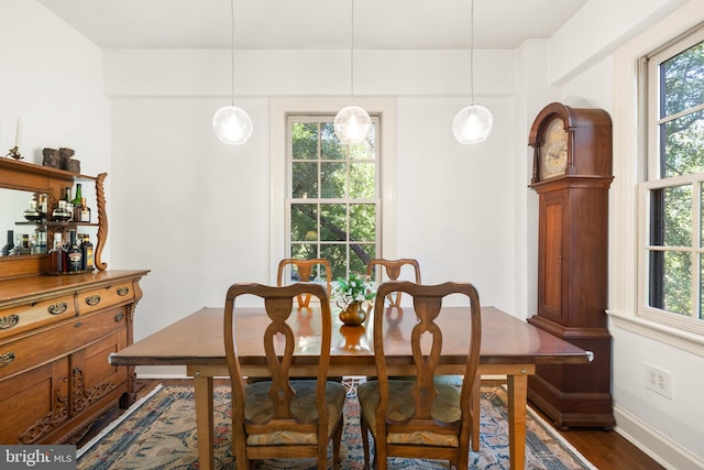 dining area with baseboards, dark wood-style flooring, and a wealth of natural light