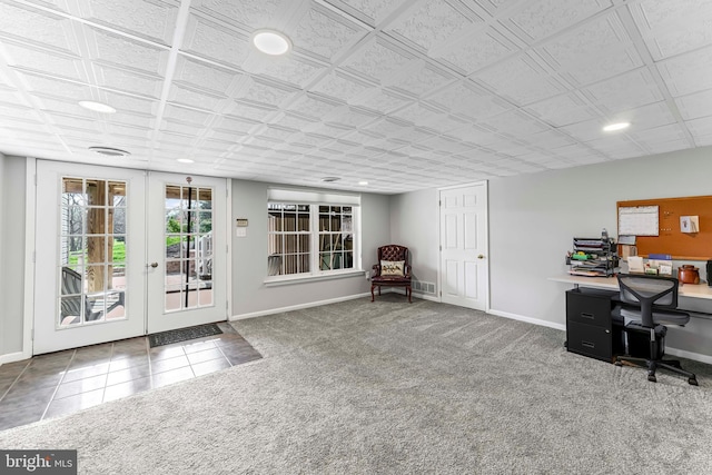 carpeted home office with recessed lighting, baseboards, and french doors