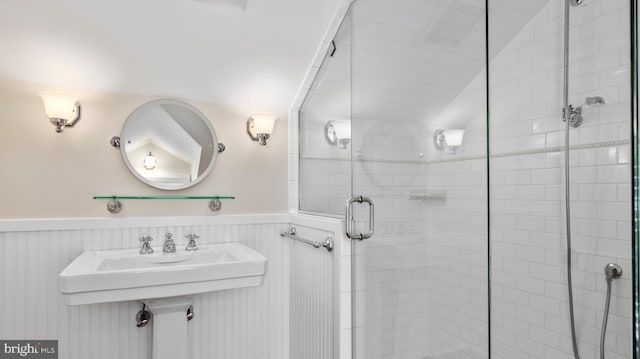 213 S Morris St, Oxford, MD 21654 - bathroom featuring wainscoting and a shower stall