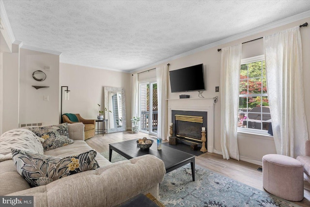 living room featuring plenty of natural light, a fireplace with flush hearth, light wood-type flooring, crown molding, and a textured ceiling