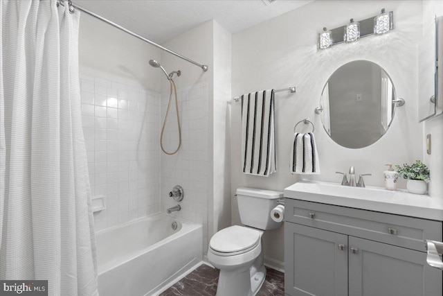 bathroom featuring toilet, shower / tub combo, vanity, and baseboards