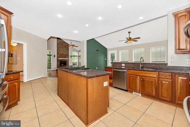 430 Timbermill Run, Emmitsburg, MD 21727 - kitchen featuring ceiling fan, a sink, appliances with stainless steel finishes, vaulted ceiling, and a fireplace