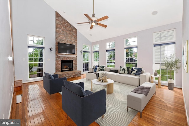 430 Timbermill Run, Emmitsburg, MD 21727 - living room with high vaulted ceiling, light wood-style floors, a stone fireplace, plenty of natural light, and ceiling fan