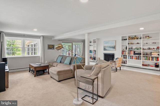 2609 Turf Valley Rd, Ellicott City, MD 21042 - living area featuring crown molding, a fireplace, light carpet, recessed lighting, and a baseboard radiator