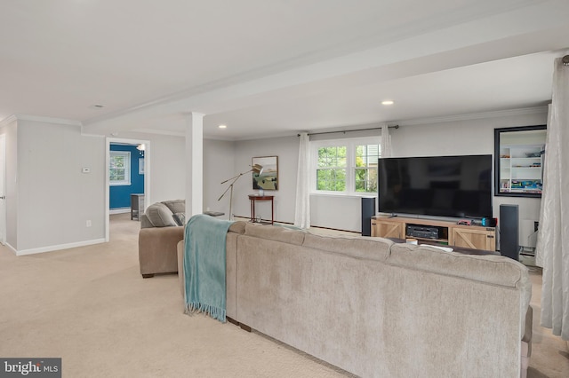 2609 Turf Valley Rd, Ellicott City, MD 21042 - living room featuring baseboards, ornamental molding, light carpet, and recessed lighting