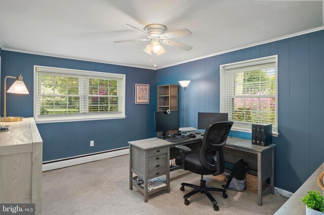 2609 Turf Valley Rd, Ellicott City, MD 21042 - office space featuring carpet floors, ornamental molding, baseboards, ceiling fan, and a baseboard heating unit