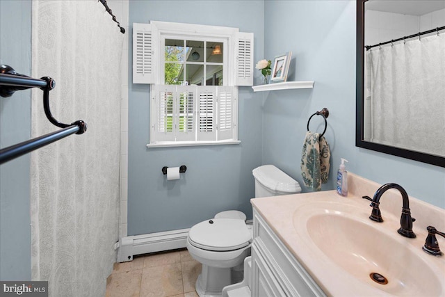 13 Morningside Dr, Pennington, NJ 08534 - full bathroom featuring baseboard heating, tile patterned flooring, vanity, and curtained shower