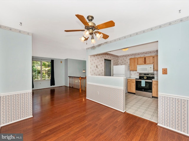 7250 Single Wheel Path, Columbia, MD 21046 - unfurnished living room featuring wallpapered walls, a ceiling fan, light wood-style flooring, and a wainscoted wall