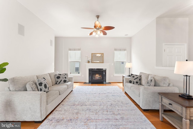 17435 Lethridge Cir, Round Hill, VA 20141 - living room with plenty of natural light, ceiling fan, wood finished floors, and a high end fireplace