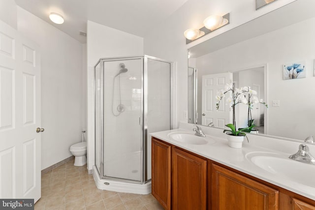 17435 Lethridge Cir, Round Hill, VA 20141 - full bathroom featuring a stall shower, tile patterned floors, double vanity, and toilet