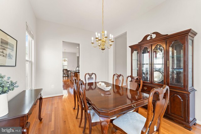 17435 Lethridge Cir, Round Hill, VA 20141 - dining area featuring a chandelier, light wood-style floors, and baseboards