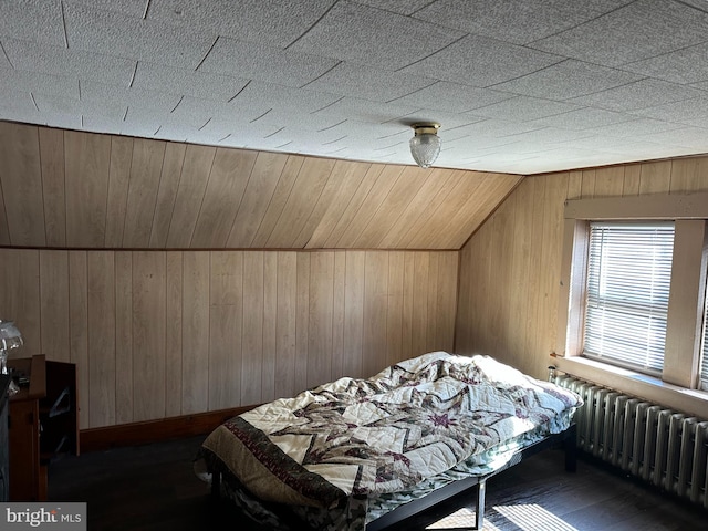 157 Old Tyrone Pike, Philipsburg, PA 16866 - bedroom featuring radiator heating unit, wooden walls, lofted ceiling, and dark wood finished floors