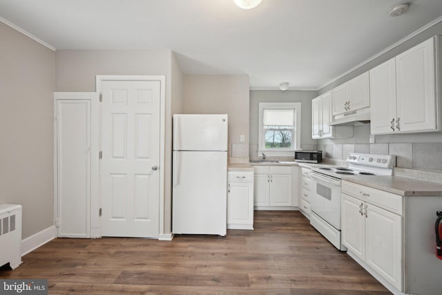 673 Harrisonville Rd, Swedesboro, NJ 08085 - kitchen with white cabinets, light countertops, radiator heating unit, and white appliances