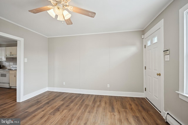 673 Harrisonville Rd, Swedesboro, NJ 08085 - entryway featuring baseboard heating, ceiling fan, ornamental molding, and dark wood-type flooring
