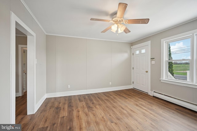 673 Harrisonville Rd, Swedesboro, NJ 08085 - entryway featuring wood finished floors, a ceiling fan, crown molding, baseboards, and a baseboard radiator