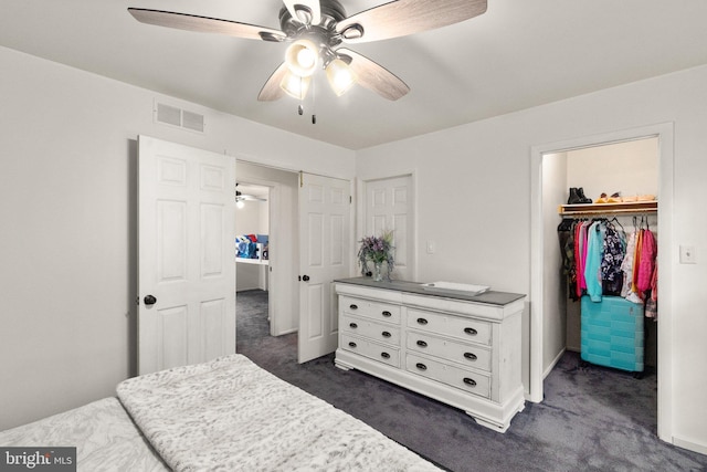 1276 Courtney Ln, Belcamp, MD 21017 - bedroom with dark carpet, a walk in closet, a closet, and ceiling fan