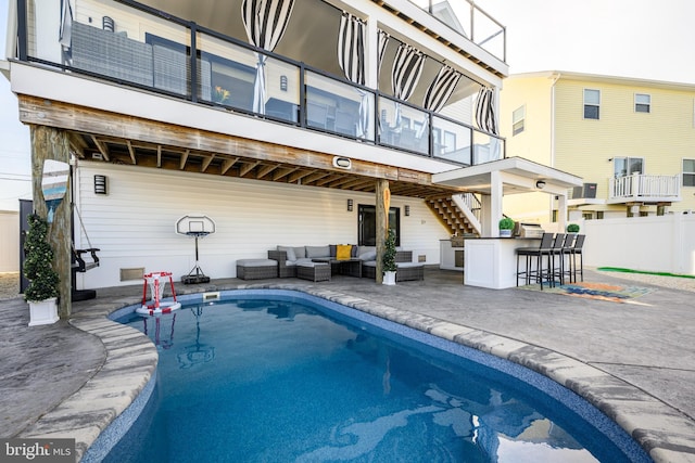 1181 Jennifer Ln, Manahawkin, NJ 08050 - view of swimming pool featuring an outdoor hangout area, outdoor dry bar, a fenced in pool, a patio area, and stairway