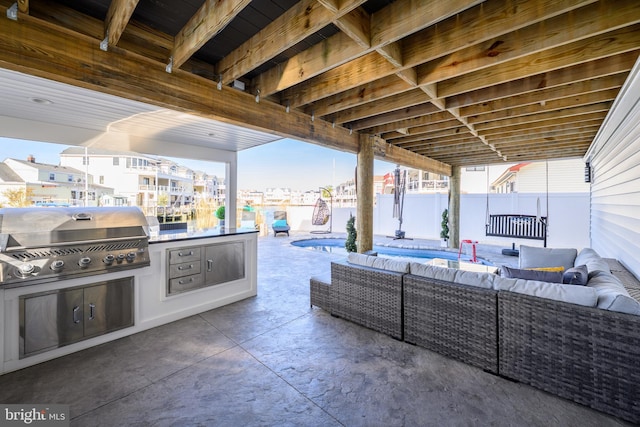 1181 Jennifer Ln, Manahawkin, NJ 08050 - view of patio with a fenced in pool, an outdoor hangout area, a fenced backyard, an outdoor kitchen, and a grill