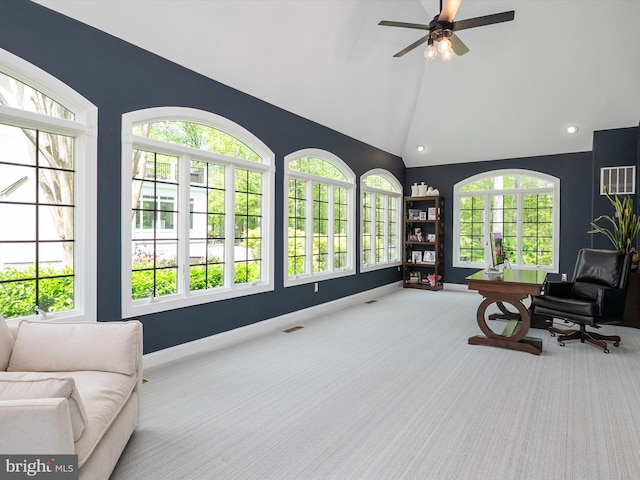 sitting room featuring ceiling fan, high vaulted ceiling, carpet, recessed lighting, and baseboards