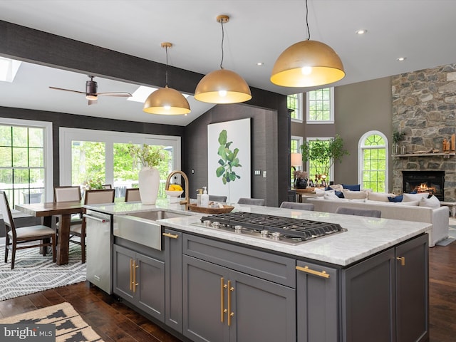 kitchen featuring dark wood-style flooring, a sink, gray cabinetry, open floor plan, and stainless steel appliances
