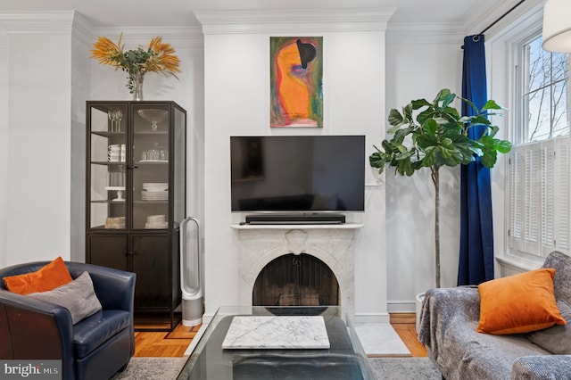 421 N 20th St, Philadelphia, PA 19130 - living room with ornamental molding, a fireplace, and wood finished floors