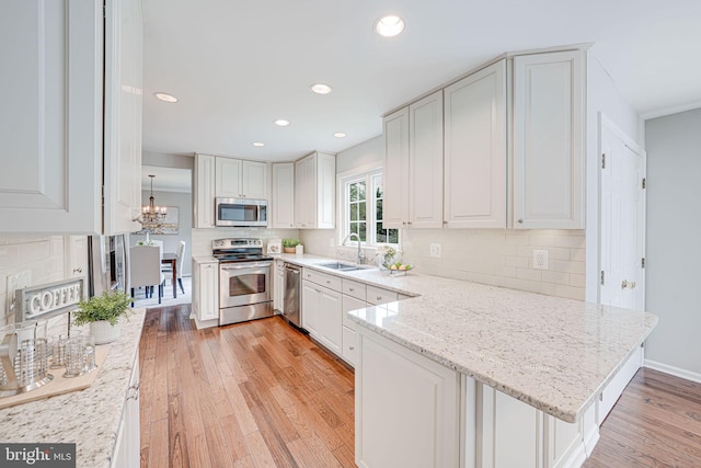 kitchen with a peninsula, a sink, light wood finished floors, appliances with stainless steel finishes, and backsplash