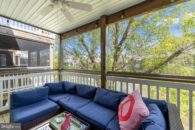 exterior space featuring plenty of natural light, ceiling fan, and an outdoor living space