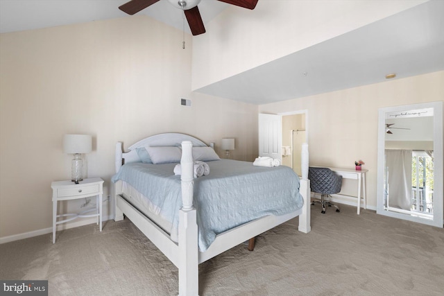 bedroom featuring visible vents, carpet flooring, baseboards, and a ceiling fan