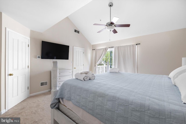 bedroom featuring baseboards, ceiling fan, light carpet, and visible vents