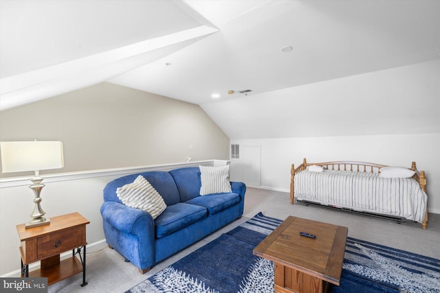carpeted bedroom with baseboards, vaulted ceiling, and visible vents