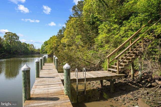 43 Canal Landing Ct Unit 61, Rehoboth Beach, DE 19971 - dock area with stairway, a water view, and a view of trees