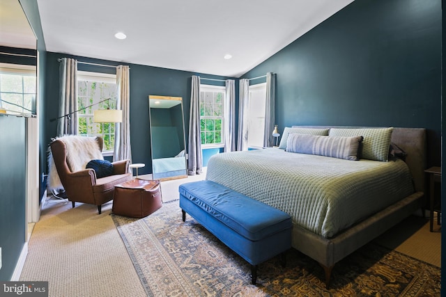 bedroom featuring carpet floors, recessed lighting, and lofted ceiling